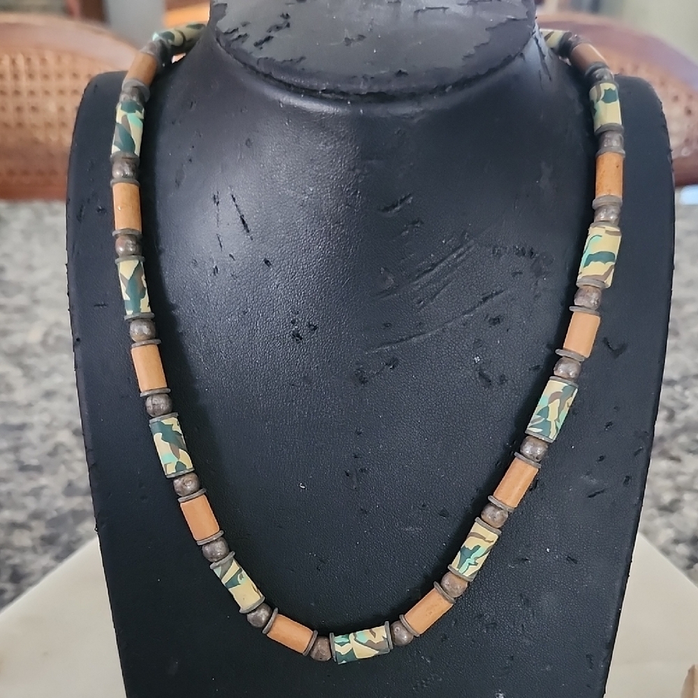 Camouflage & Brown Beaded Necklace